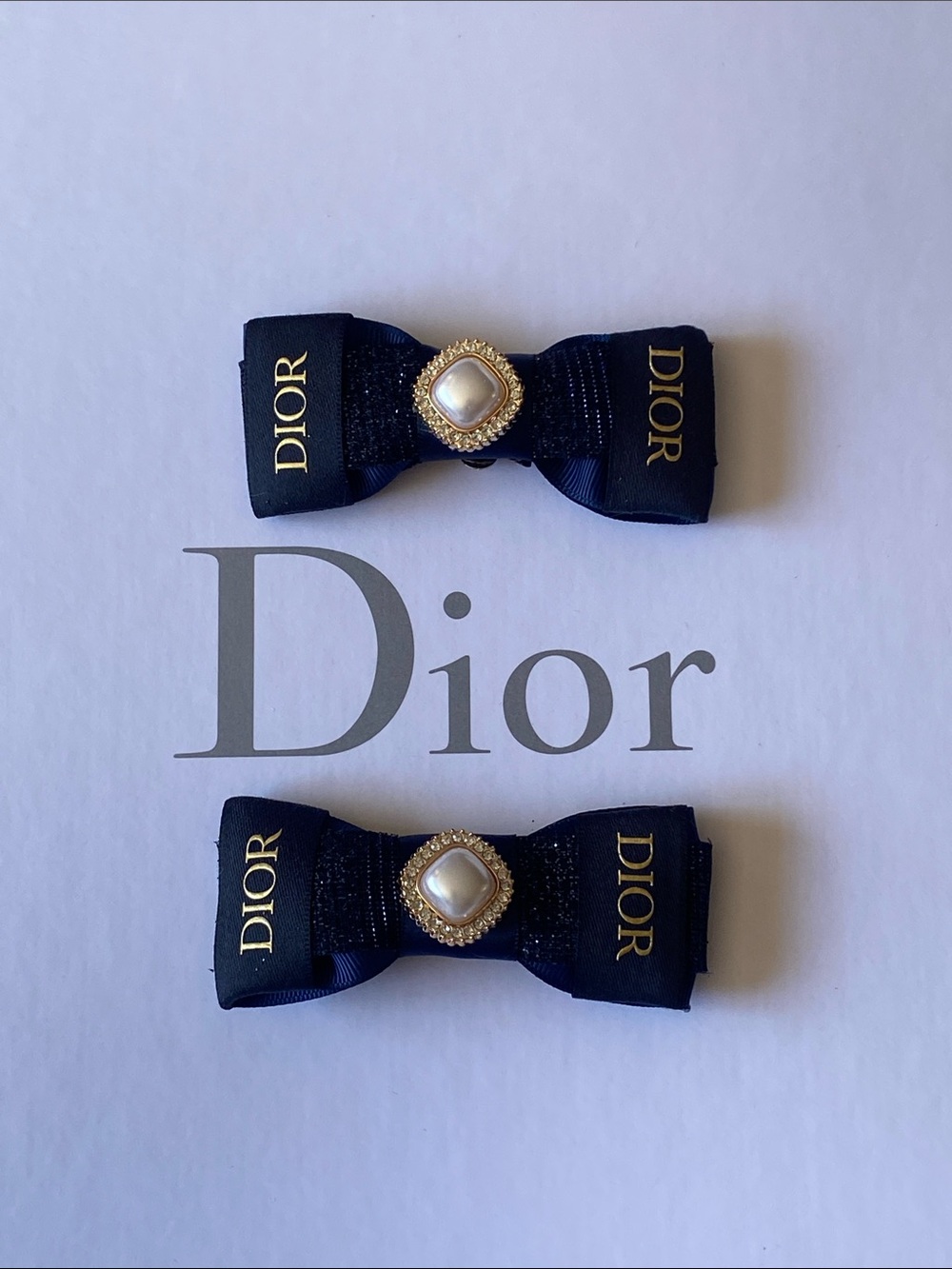 Handmade Dior Navy Bow Shoe Clips with Gold Pearl Centers